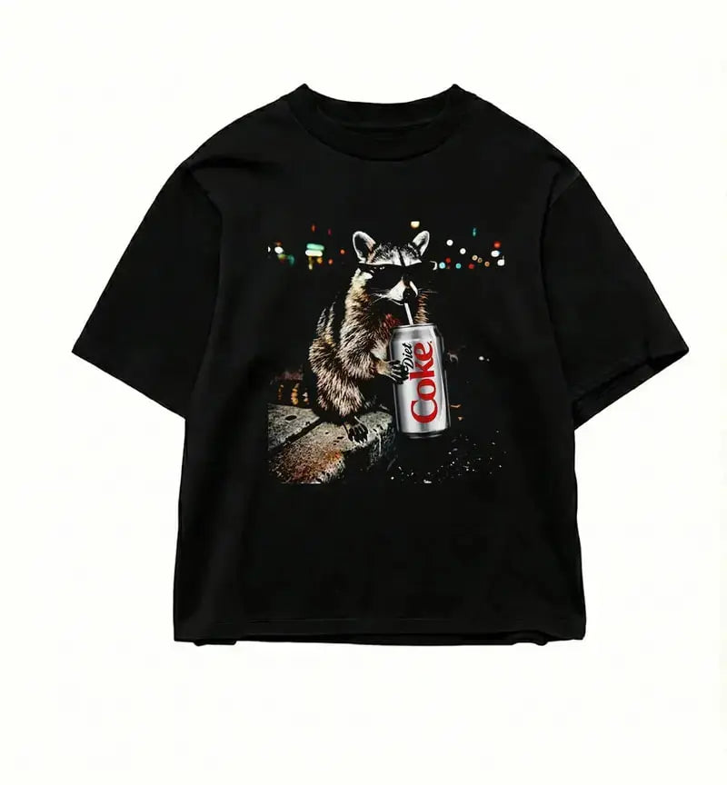 Three Raccoons Diet Coke Comfort Colors T-Shirt with a funny Gen Z dank meme vibe, trendy cotton streetwear top and playful graphic gift for men and women alike.